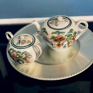 Set of Japanese Lidded Teapot and Sugar Bowl Hand Painted Geisha Girl Porcelain